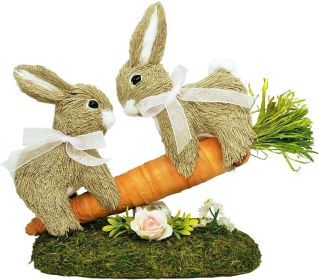 8.9 Inches Sisal Easter Bunny Decor on Carrot Seesaw, Natural Straw Easter Decorations Bunny Figurine on Moss Meadow as Spring Decor