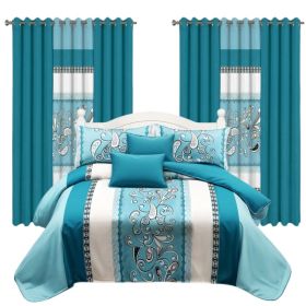 9 Piece Room In A Bag Quilt And Curtain Set, US Designer Turquoise Aqua Blue Paisley Scroll Print Heavyweight Bedspread With 6 Customizable Windo (Option: Queen)