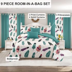 9-Piece Boho Feather Bedding & Curtain Set (Queen/King/Cal King) - Quilted Microfiber Bedspread + Sheer Curtains (Color: colorful feather, size: CAL KING)