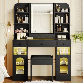 43.2" Vanity Desk with LED Mirror and Lights, Glass Top Vanity with RGB Glass Light Cabinets, Dressing Table with 3 Drawers (Color: black)