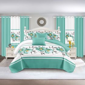 Quilted Bedspread & Curtain Set 9 Piece, Queen Size - Bedding Ensemble with Sheer Filtering Drapes, 1.6" Grommet Top, Machine Washable (Color: green rose, size: KING)