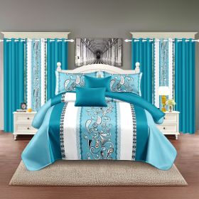 9-Piece Turquoise Paisley Bedding & Curtain Set (Queen/King/Cal King) - Quilted Microfiber Bedspread + Sheer Curtains (Color: blue/white stamen, size: TWIN)